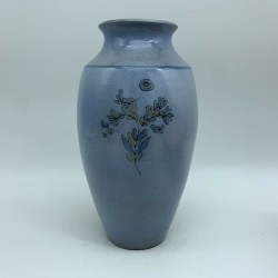 Vase en céramique bleue vintage a décor d’oiseau (dlg Blin)