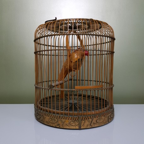 Cage à oiseaux en bois vintage avec son perroquet