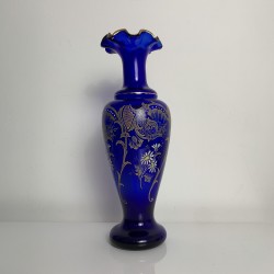 Vase en verre bleu cobalt decor émaillé DLG Theodore Legras