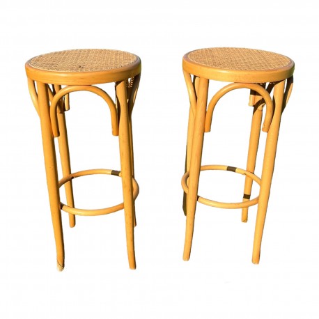 Paire de tabourets de bar en bois courbé  et cannage style Thonet