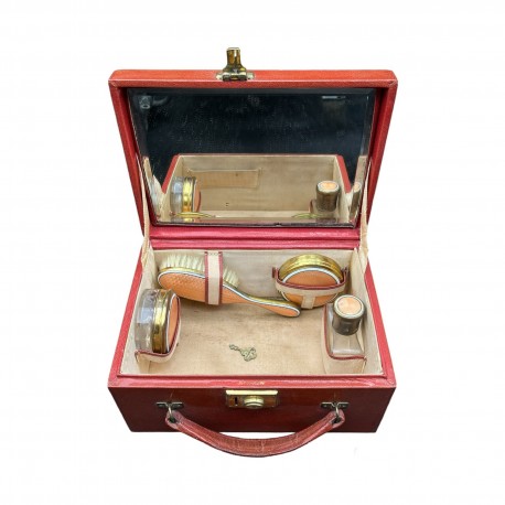 Vanity Case ancien en cuir avec accessoires en laiton email guilloche