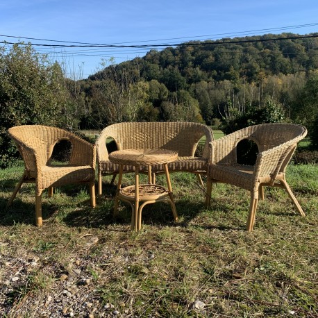 Salon 4 pieces en rotin banquette fauteuils table